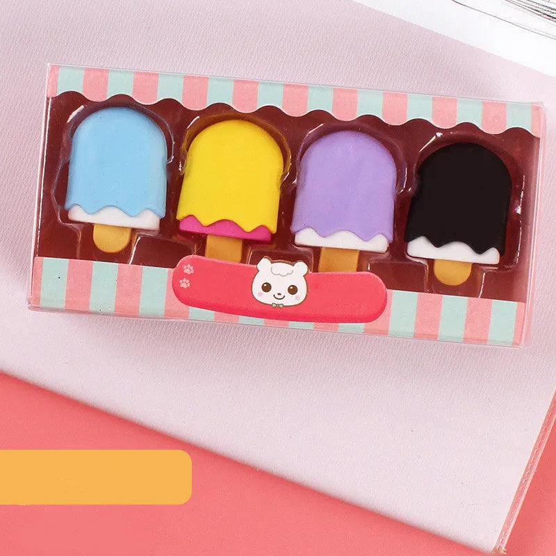 Set of 12 colourful cartoon erasers shaped like ice cream cones, donuts, and lollipops for children