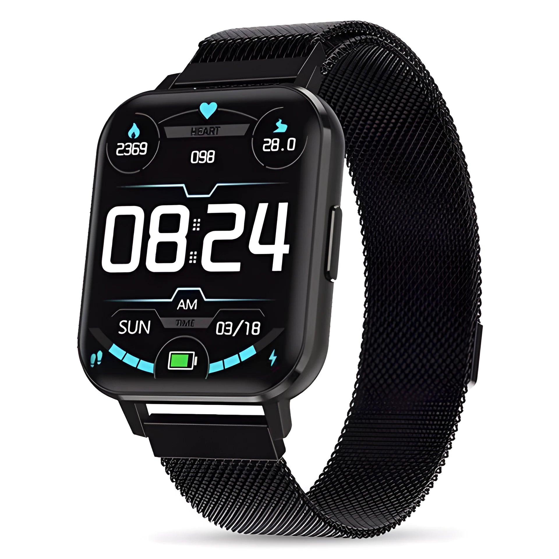 DTX Smart Watch with black steel strap showing 1.78 inch HD screen displaying health metrics.