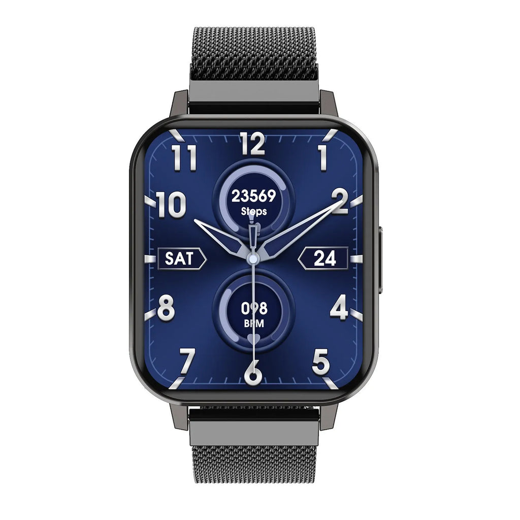 DTX Smart Watch with black steel strap showing 1.78 inch HD screen displaying health metrics.