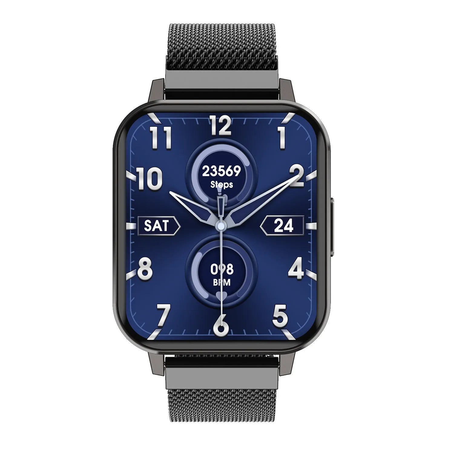 DTX Smart Watch with black steel strap showing 1.78 inch HD screen displaying health metrics.
