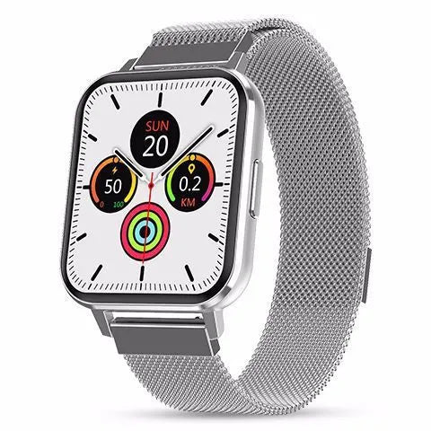 DTX Smart Watch with black steel strap showing 1.78 inch HD screen displaying health metrics.
