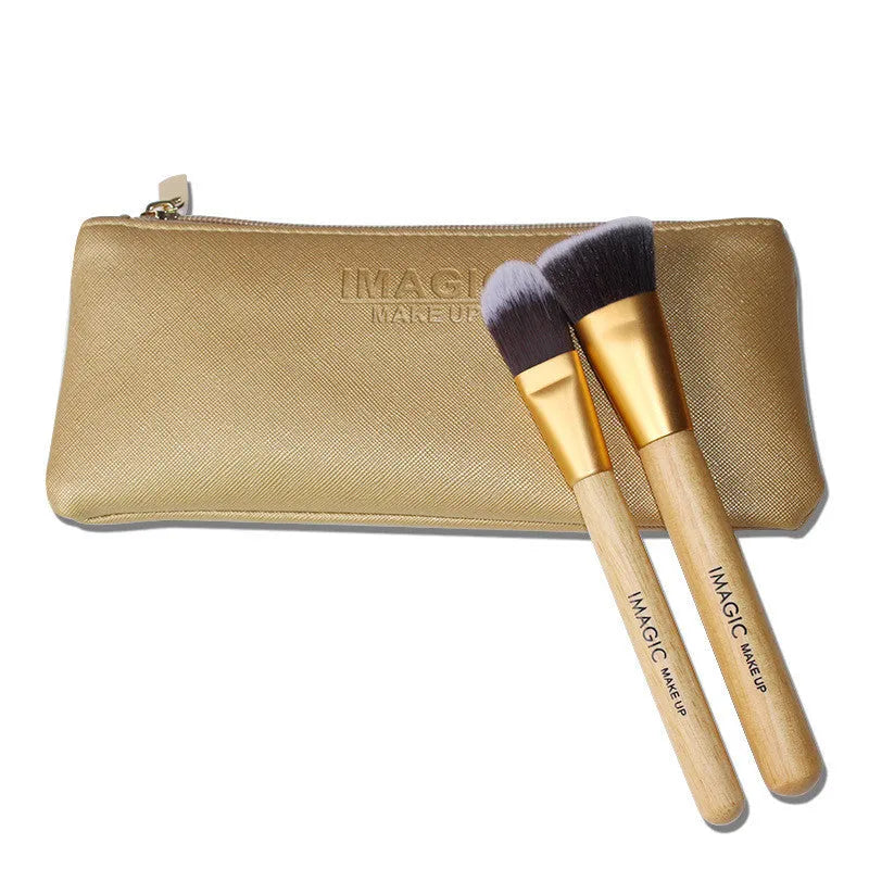 Eight-piece makeup brush set including foundation, blush, powder, eyeshadow, and highlighter brushes in assorted colours.