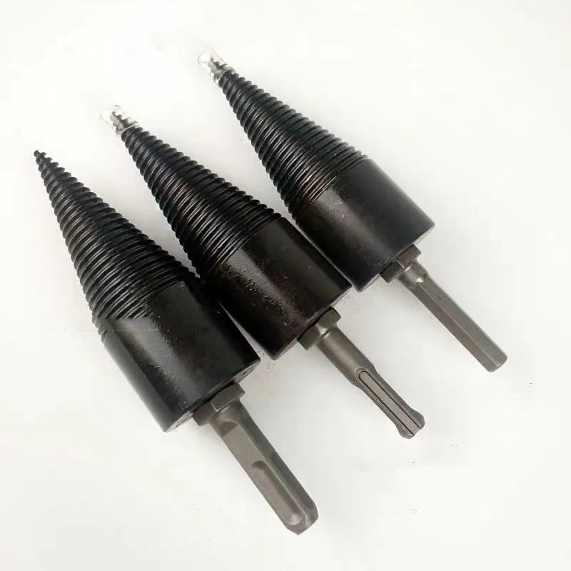Hexagonal steel firewood splitting drill bit for electric drills, shown in 32mm and 42mm sizes.