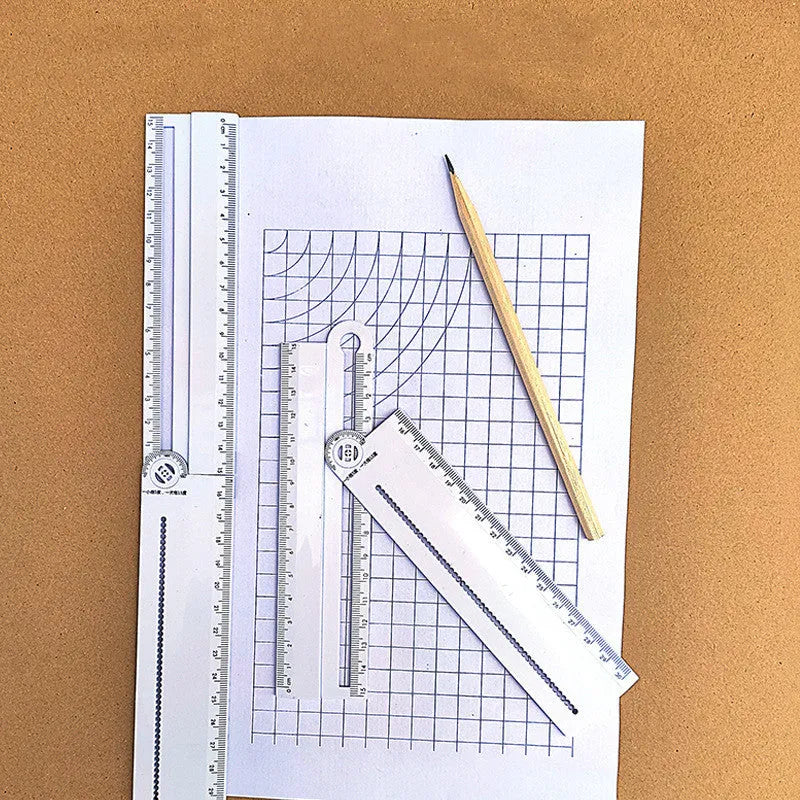 White plastic multi-function ruler with straight edge and angle measurement markings at 30cm length
