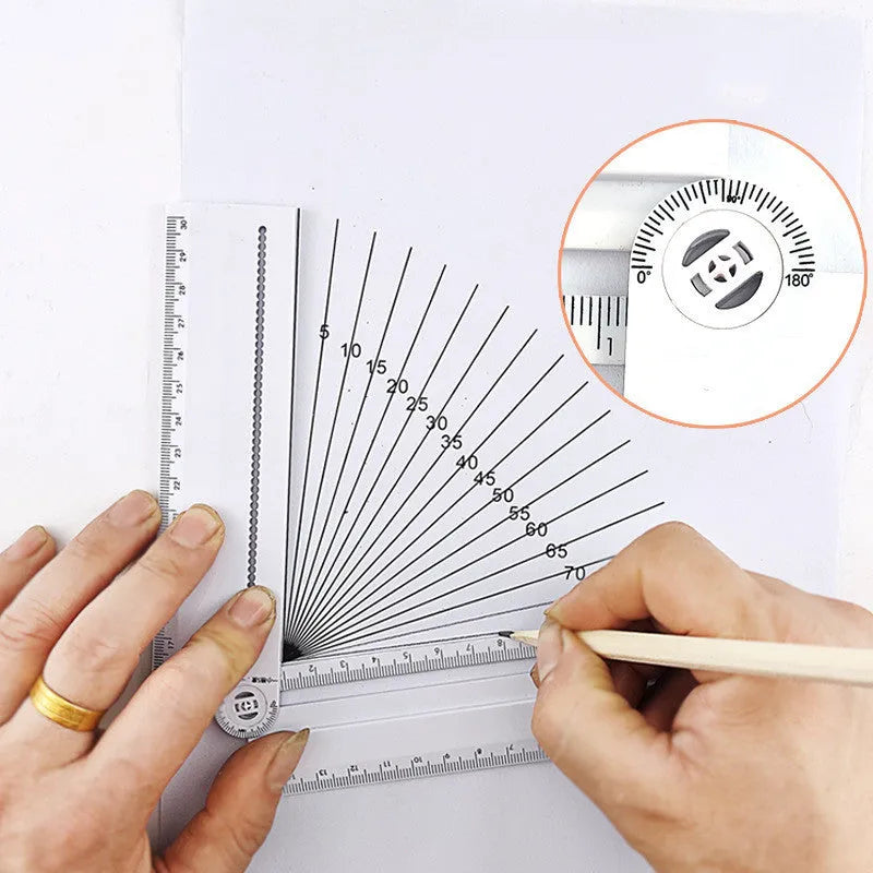 White plastic multi-function ruler with straight edge and angle measurement markings at 30cm length