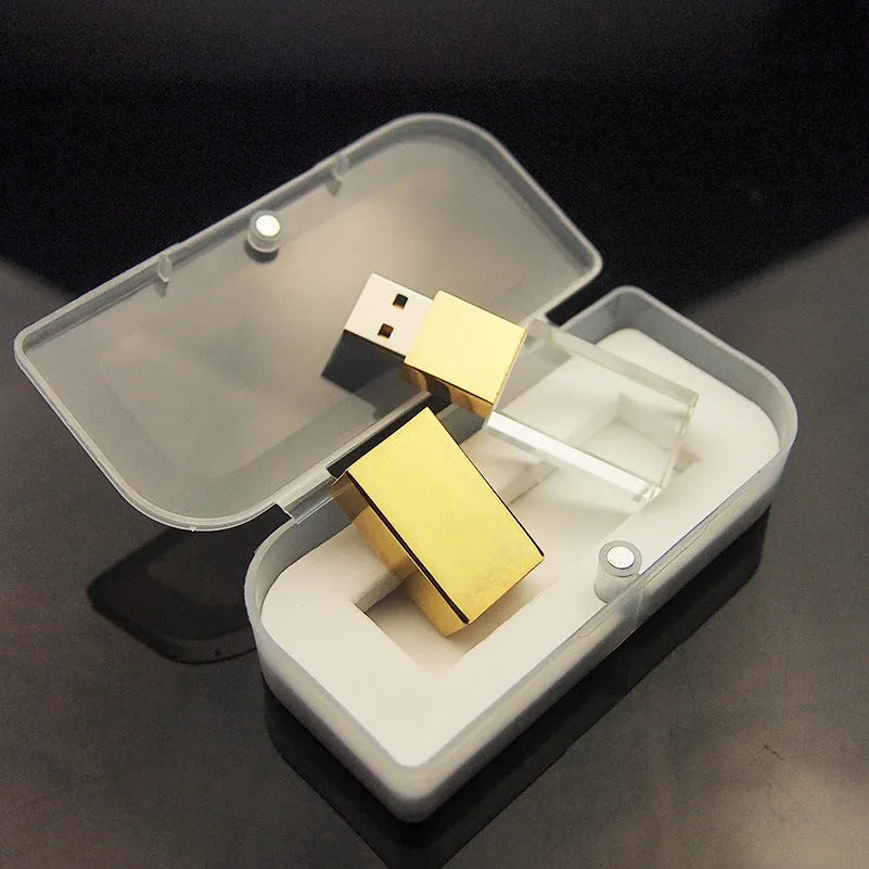 Crystal USB flash drive with transparent glass front and stainless steel back, 60x18x10mm, gold colour