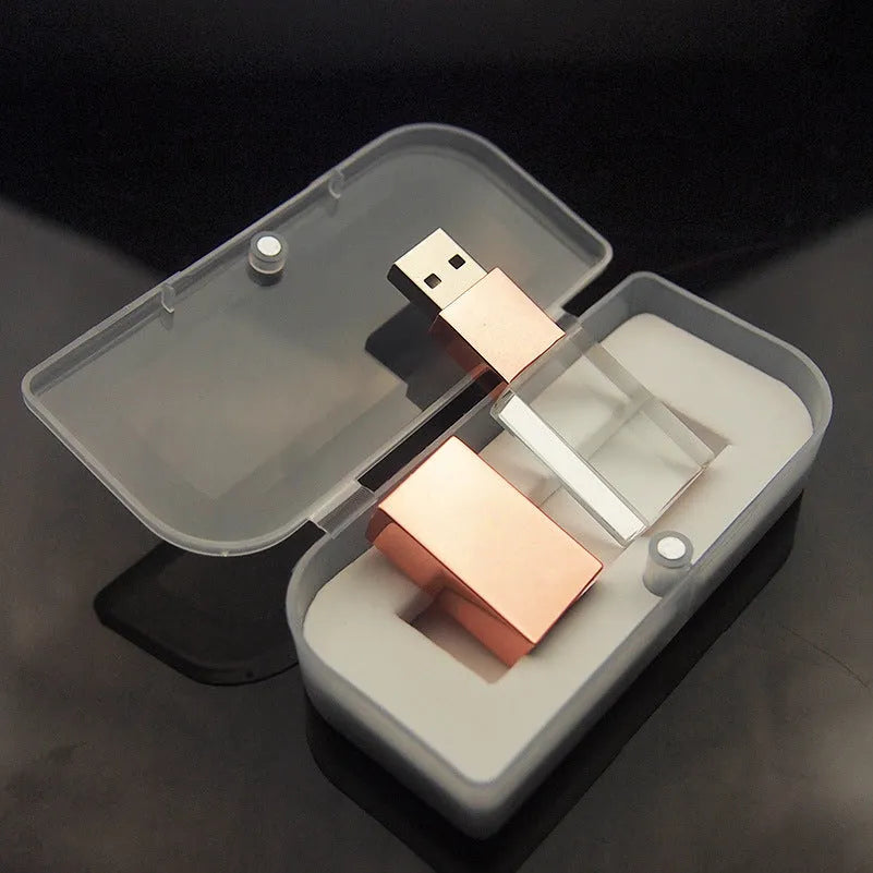Crystal USB flash drive with transparent glass front and stainless steel back, 60x18x10mm, gold colour