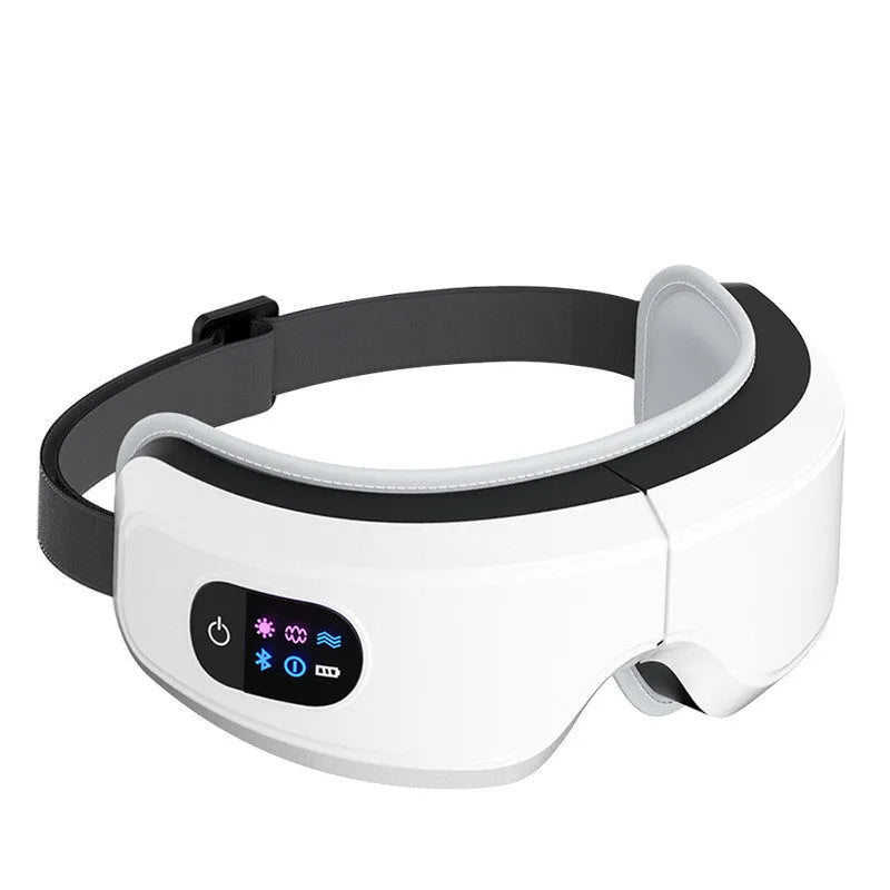 White eye massager with 16D airbag system, hot compress, and Bluetooth music for migraine relief