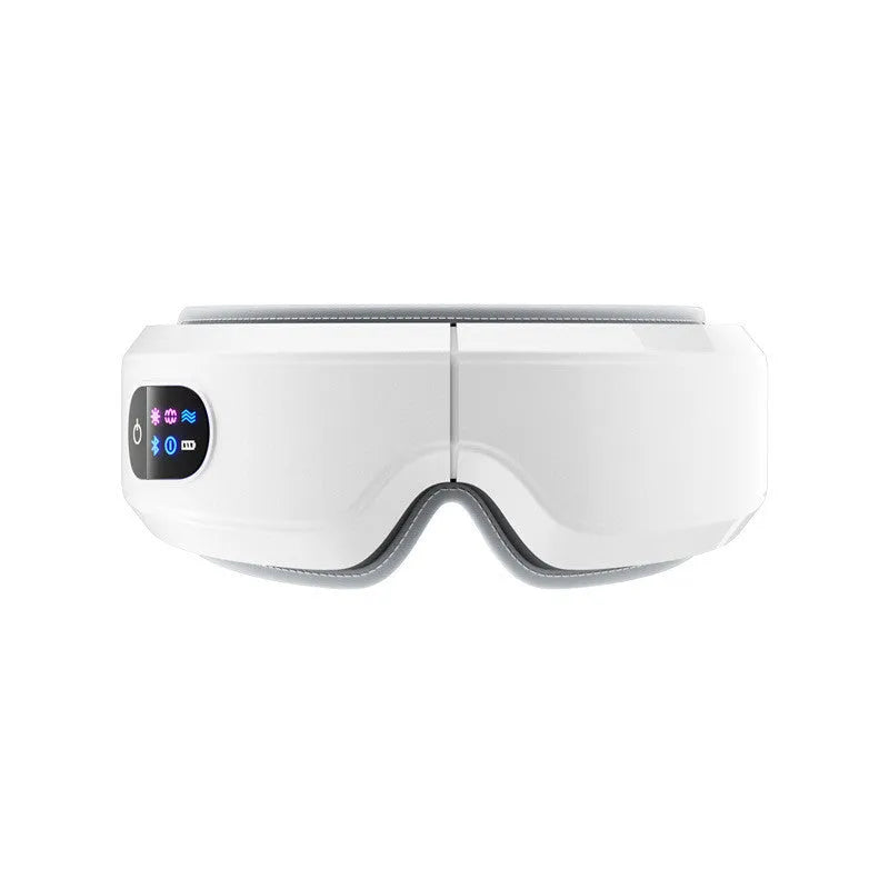 White eye massager with 16D airbag system, hot compress, and Bluetooth music for migraine relief