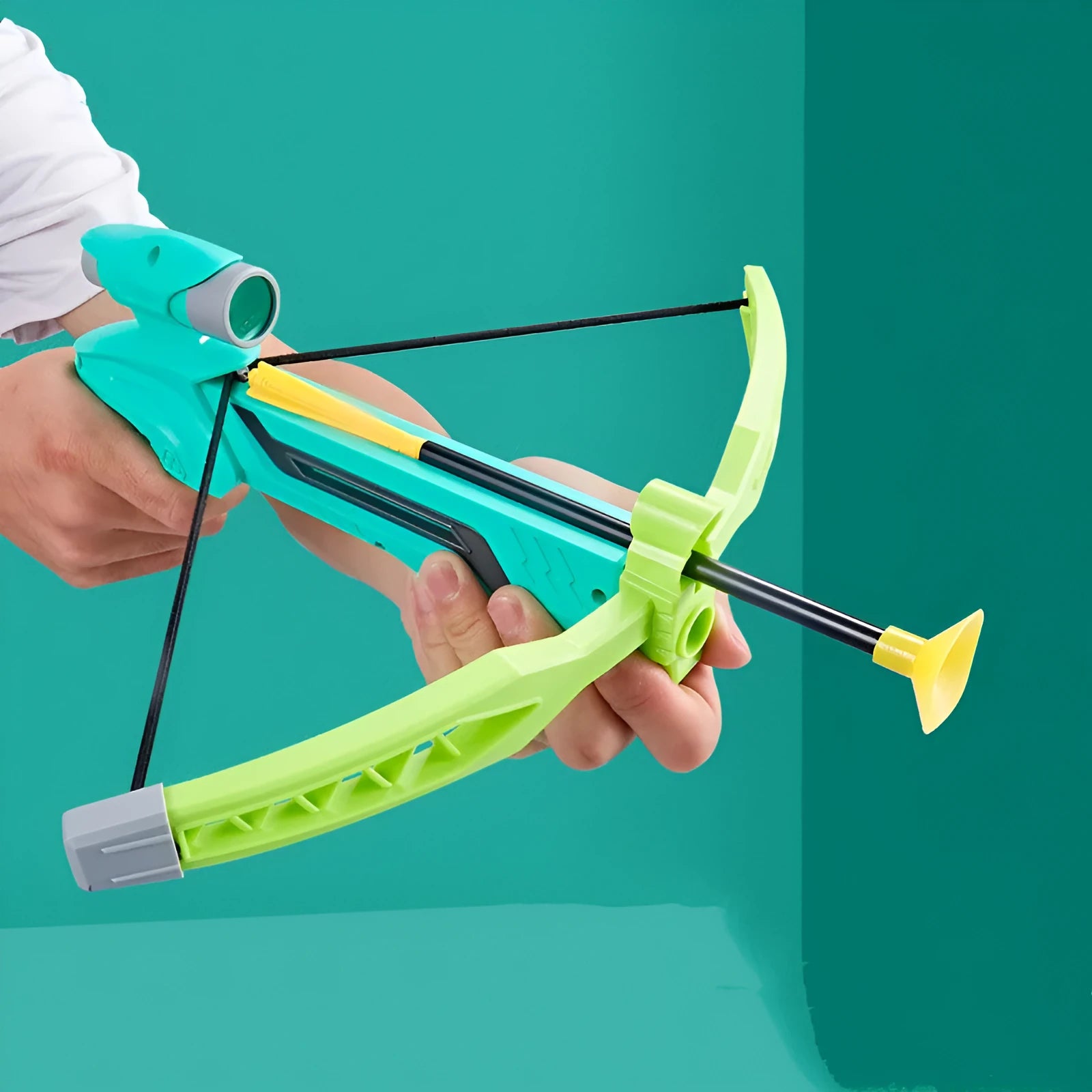 Children's bow and arrow toy set with luminous bow, three suction cup arrows, target, and quiver in green