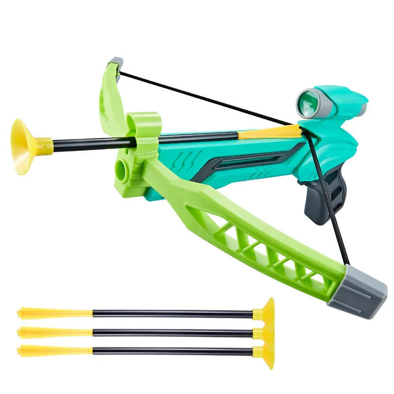 Children's bow and arrow toy set with luminous bow, three suction cup arrows, target, and quiver in green