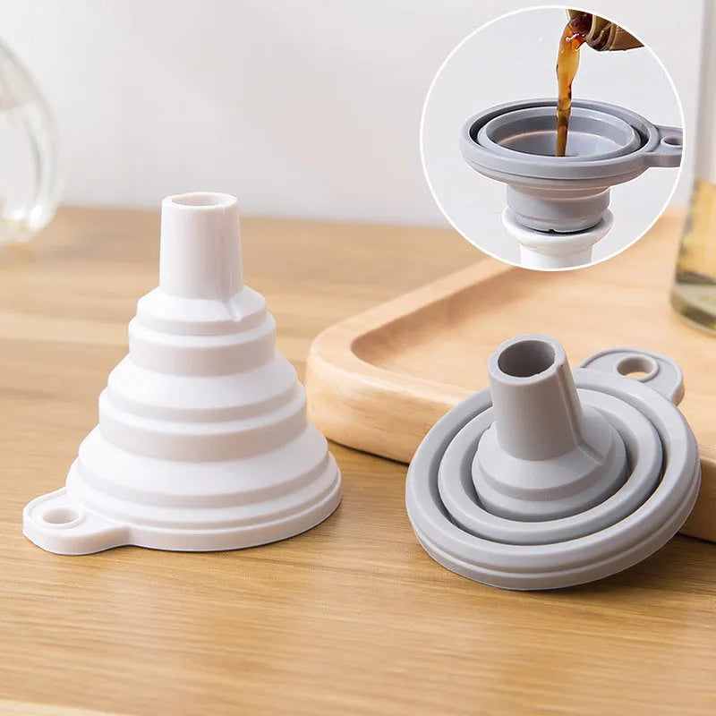 Silicone folding funnel in grey, collapsed flat, with modern simple design