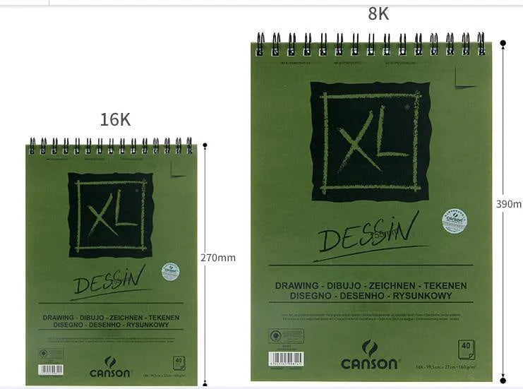 Green cover spiral-bound water-soluble sketchbook for coloured pencil painting, shown in 8K and 16K sizes.