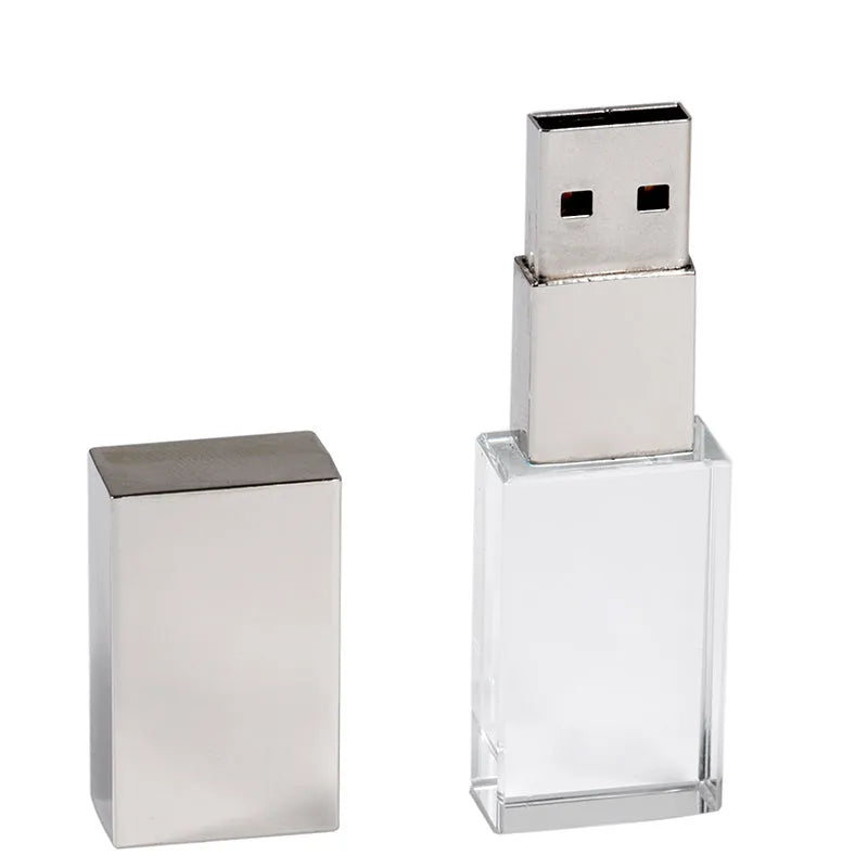 Crystal USB flash drive with transparent glass front and stainless steel back, 60x18x10mm, gold colour