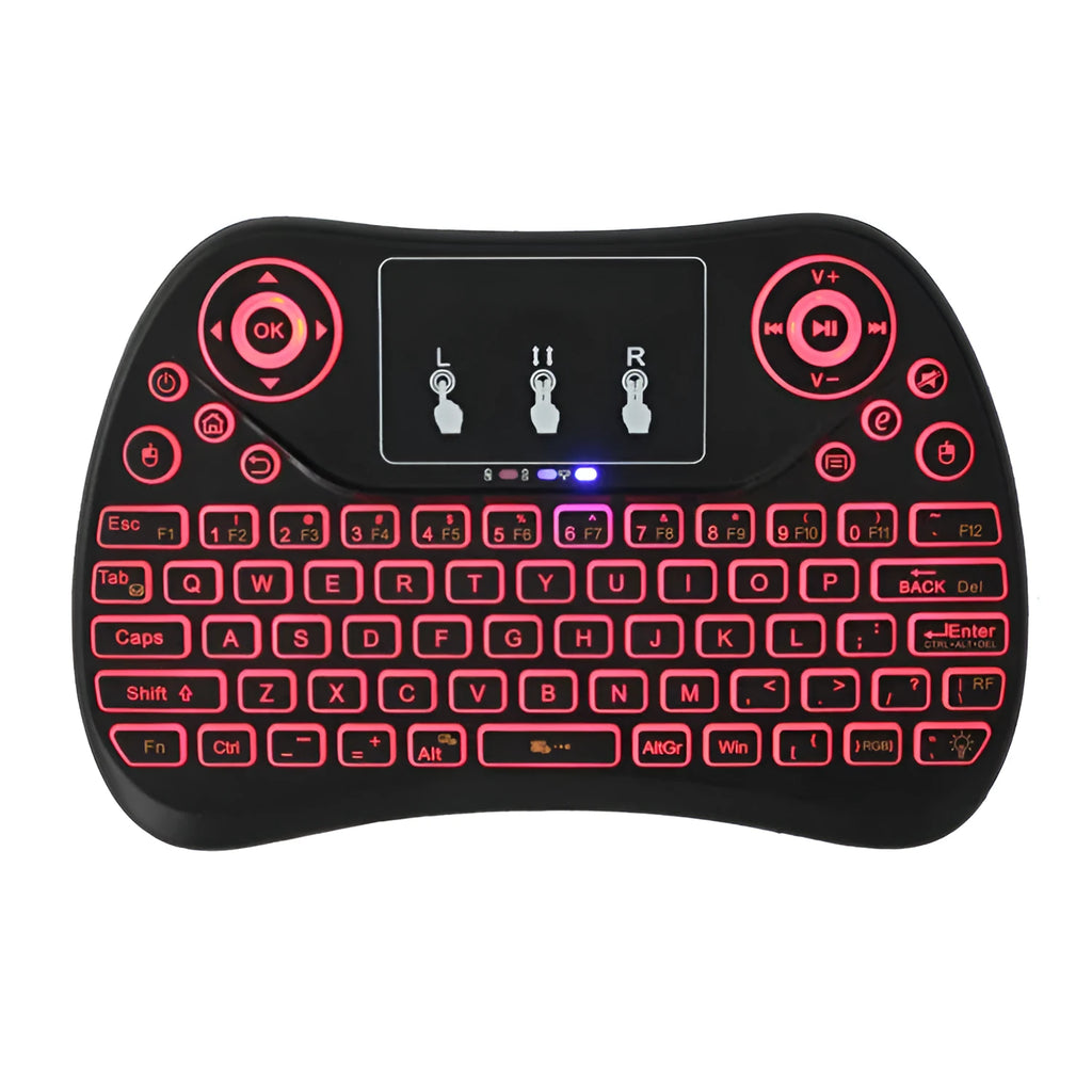 Compact white wireless keyboard with seven-colour backlit keys and English layout.