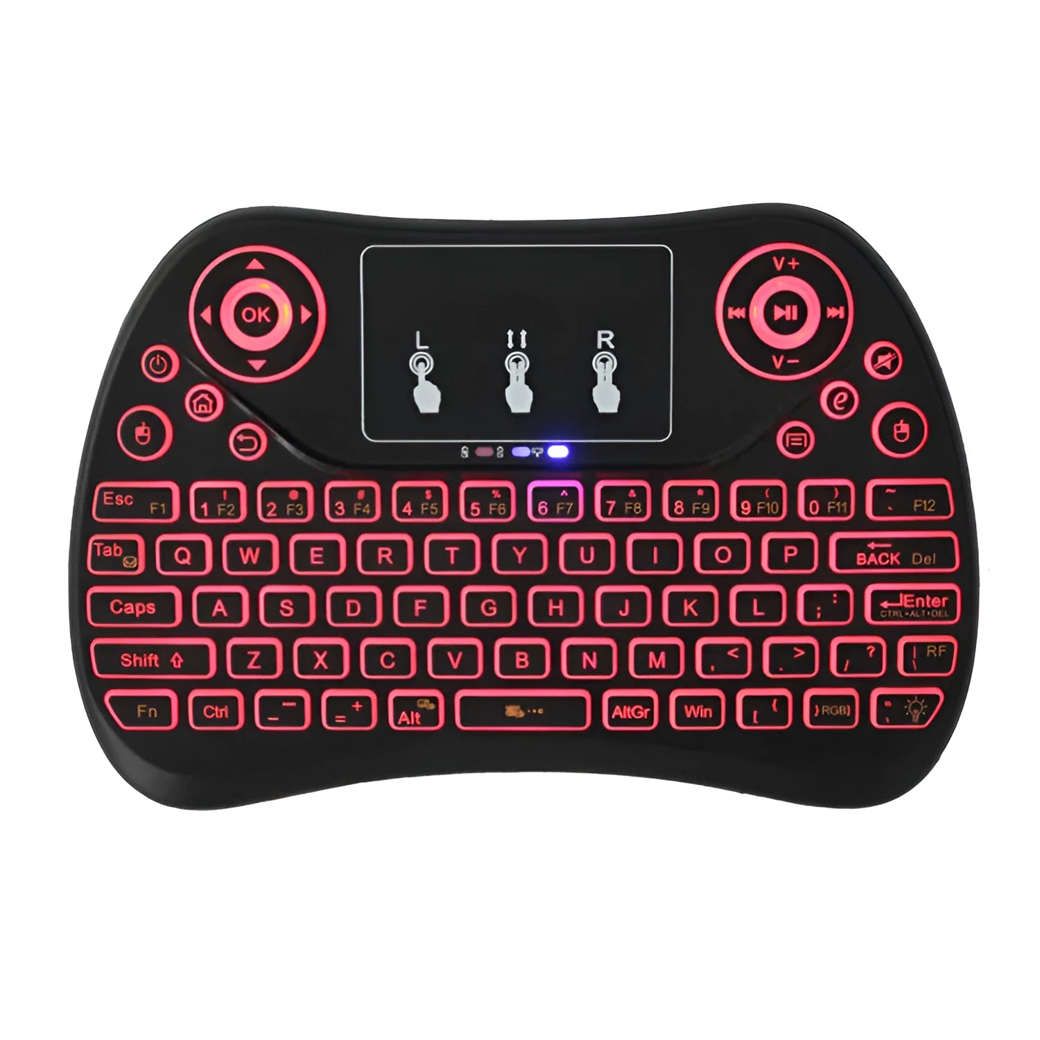 Compact white wireless keyboard with seven-colour backlit keys and English layout.