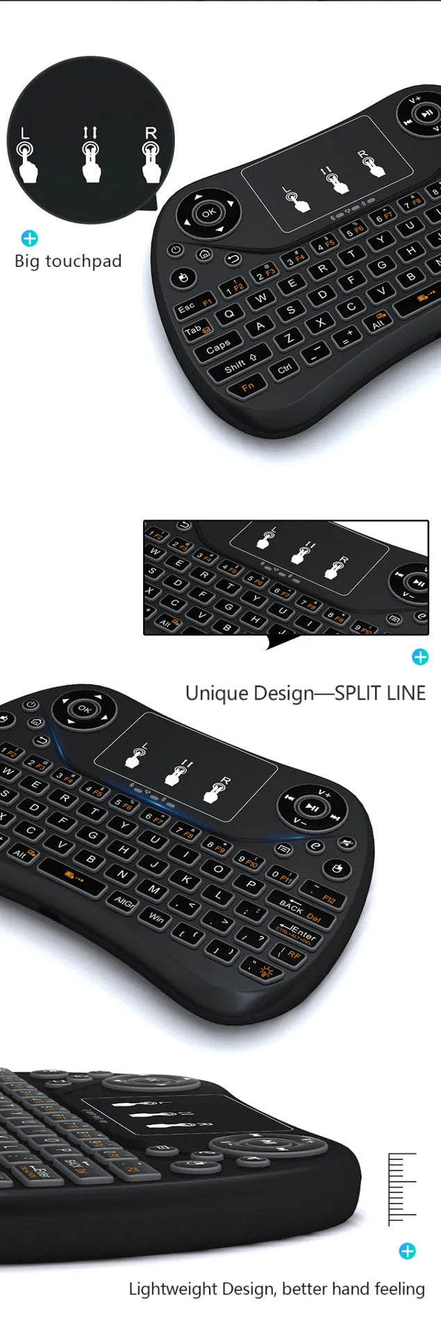 Compact white wireless keyboard with seven-colour backlit keys and English layout.