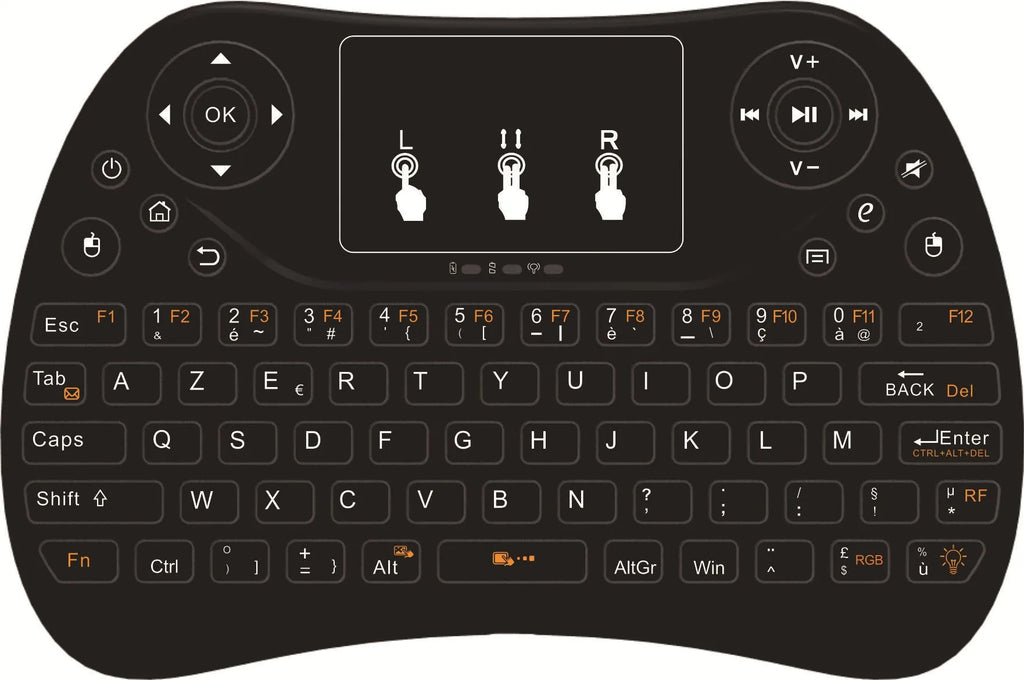 Compact white wireless keyboard with seven-colour backlit keys and English layout.