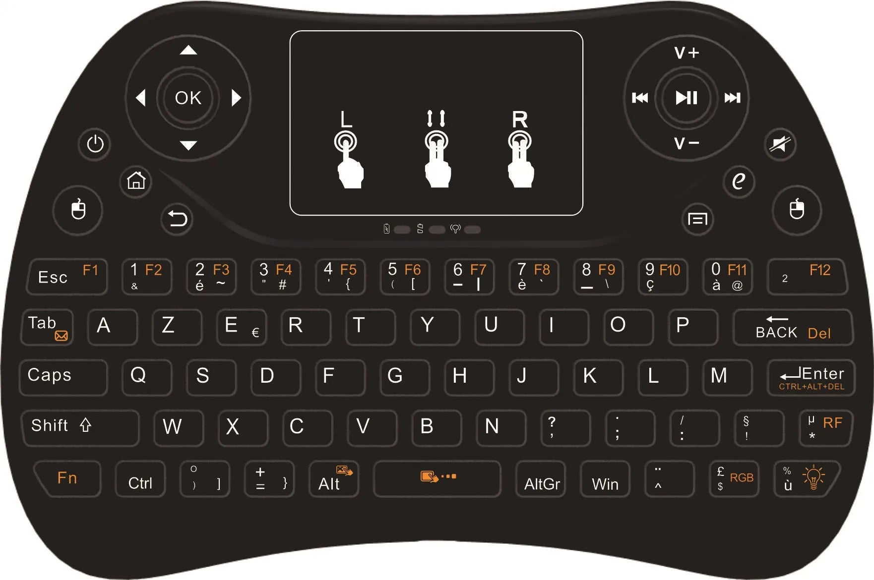 Compact white wireless keyboard with seven-colour backlit keys and English layout.