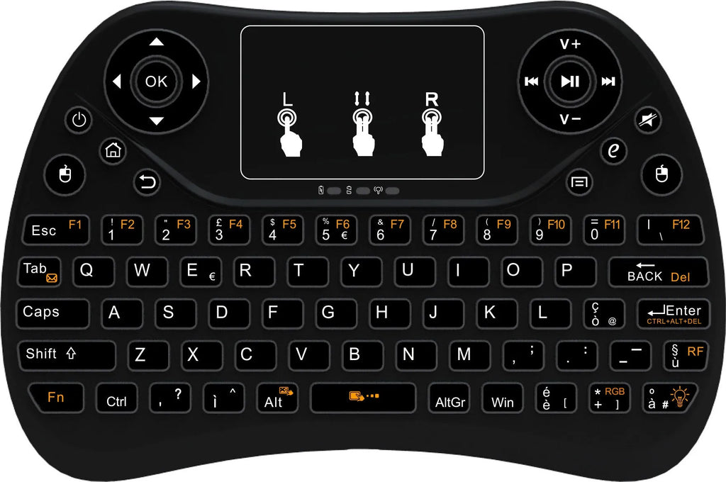 Compact white wireless keyboard with seven-colour backlit keys and English layout.