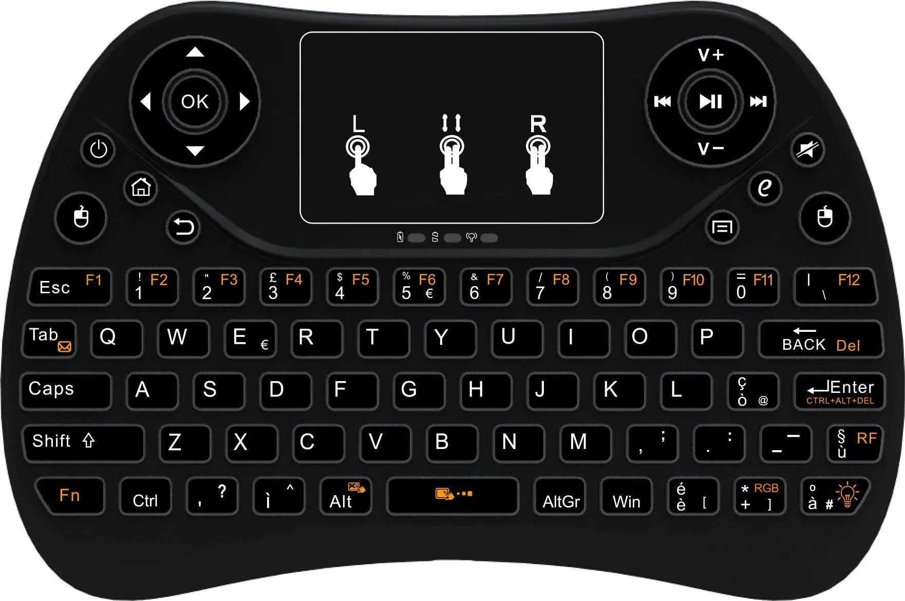 Compact white wireless keyboard with seven-colour backlit keys and English layout.