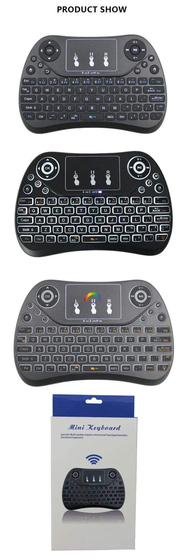 Compact white wireless keyboard with seven-colour backlit keys and English layout.