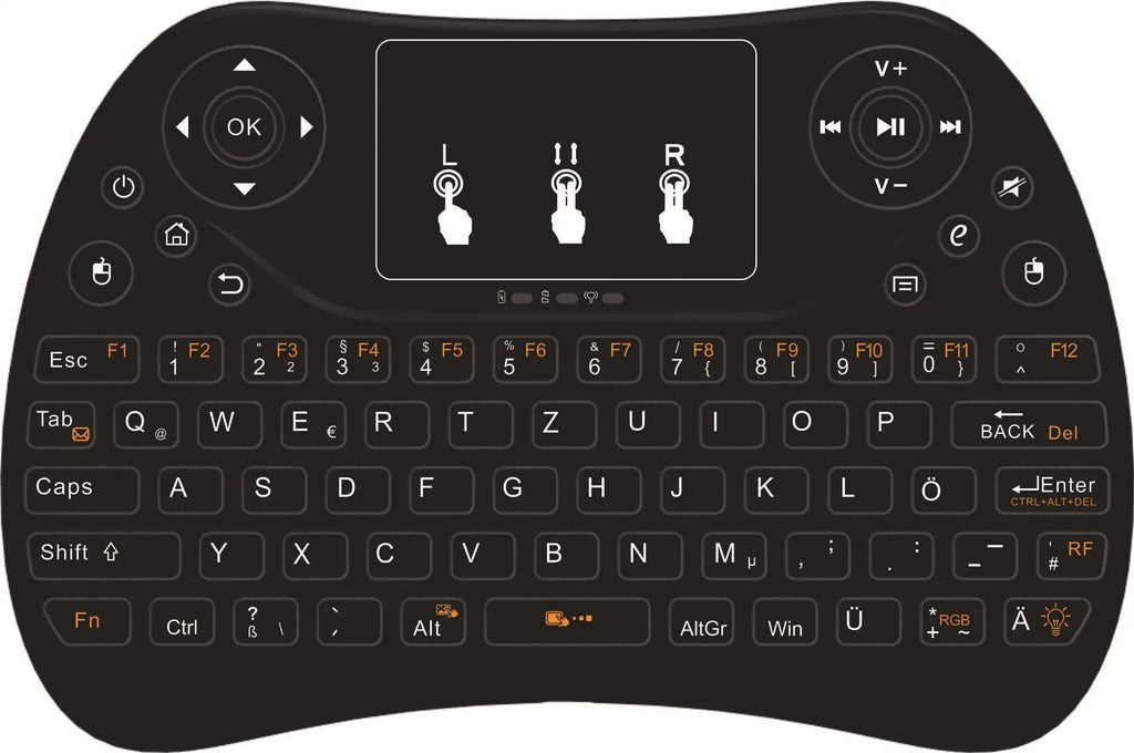 Compact white wireless keyboard with seven-colour backlit keys and English layout.