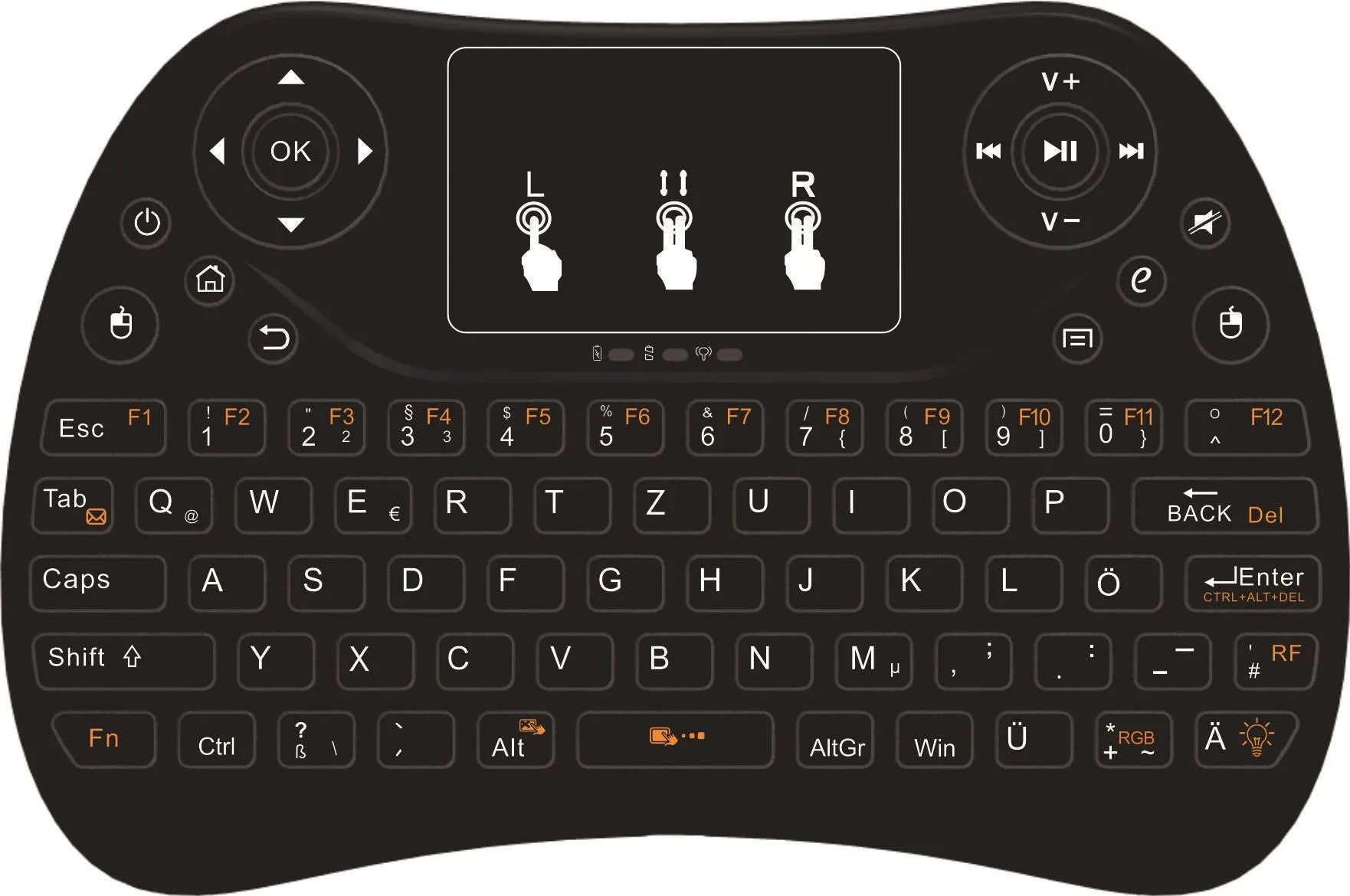 Compact white wireless keyboard with seven-colour backlit keys and English layout.
