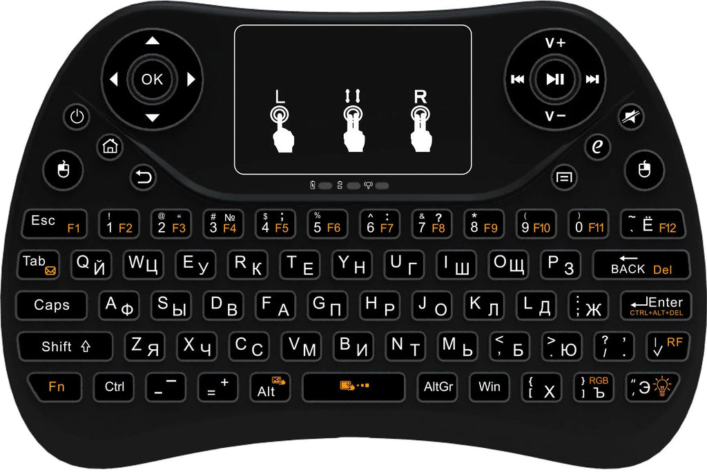 Compact white wireless keyboard with seven-colour backlit keys and English layout.