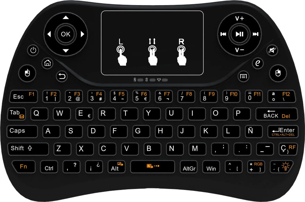 Compact white wireless keyboard with seven-colour backlit keys and English layout.