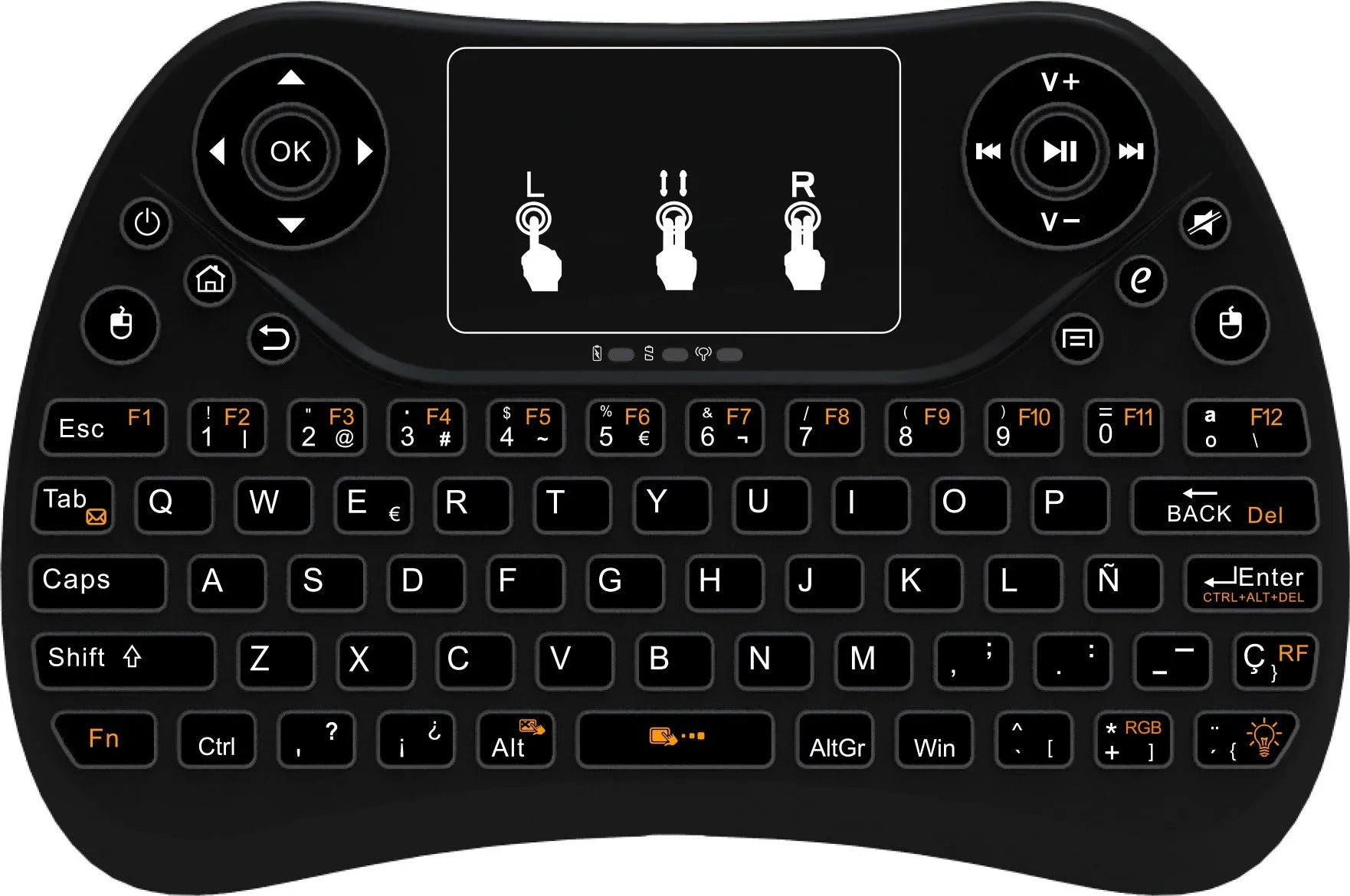 Compact white wireless keyboard with seven-colour backlit keys and English layout.