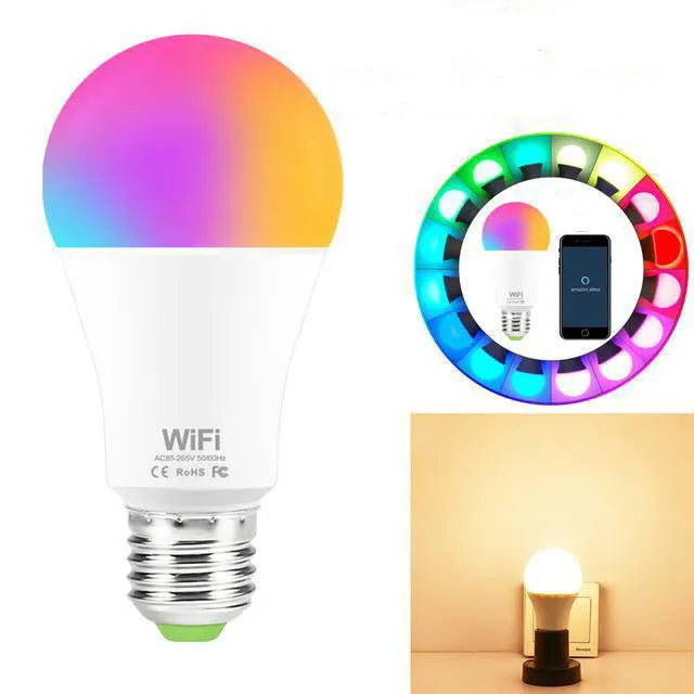 WiFi smart LED light bulb with E27 or B22 base options in white or warm white colour temperatures