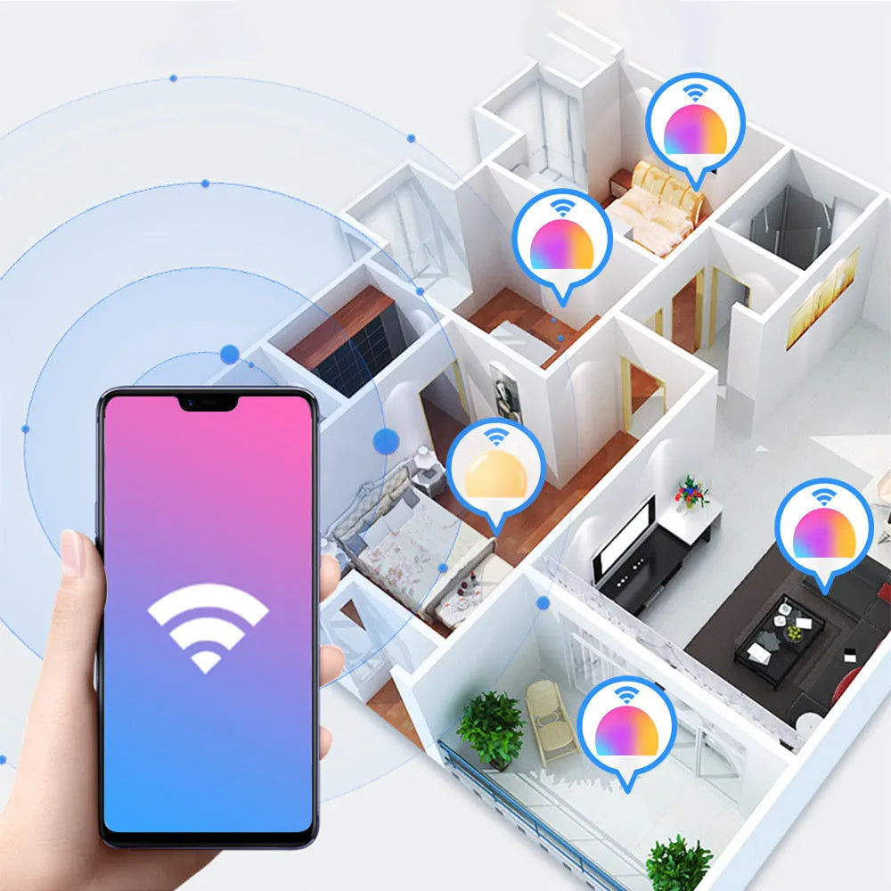 WiFi smart LED light bulb with E27 or B22 base options in white or warm white colour temperatures