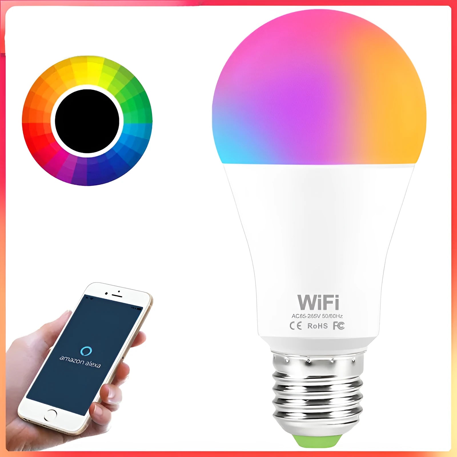 WiFi smart LED light bulb with E27 or B22 base options in white or warm white colour temperatures