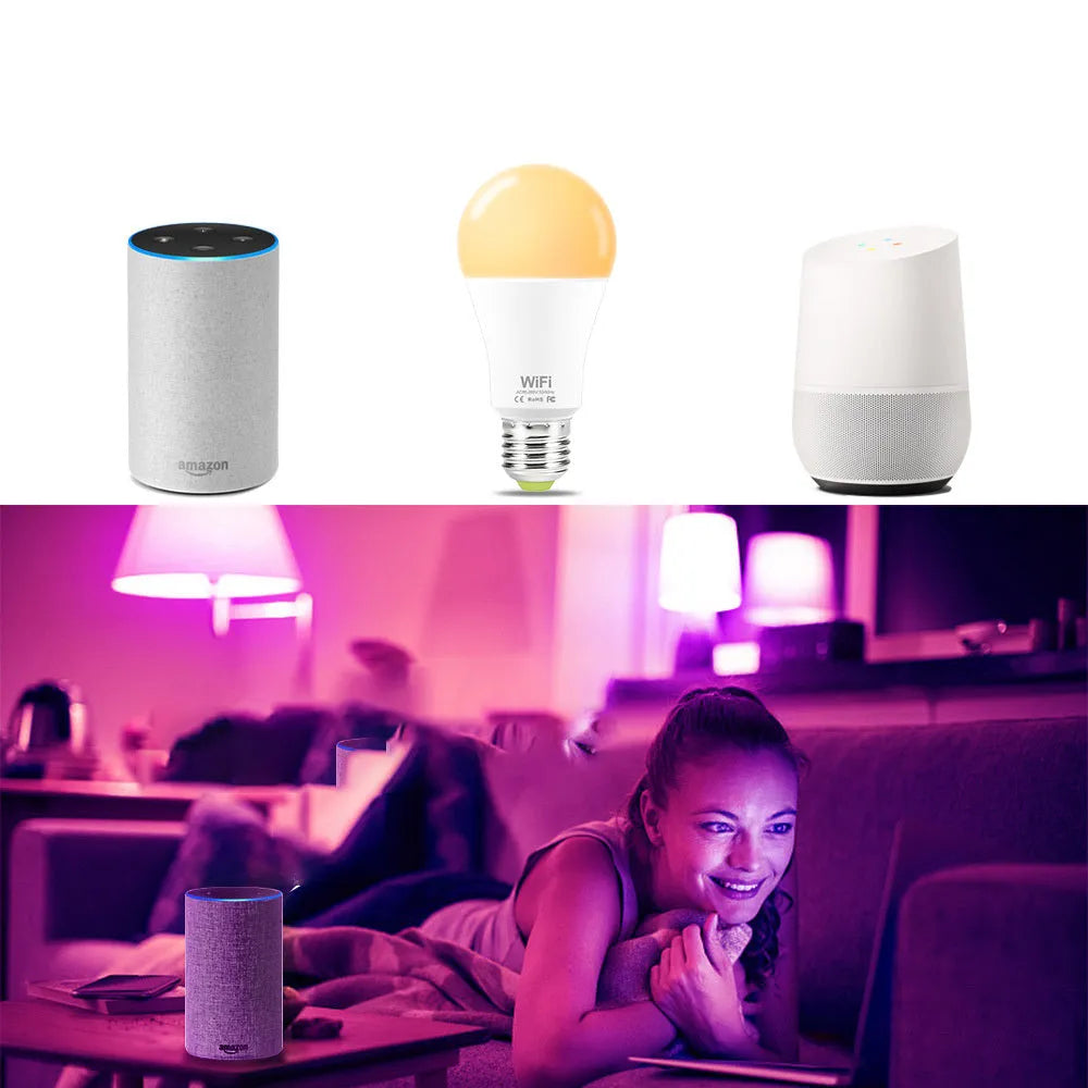 WiFi smart LED light bulb with E27 or B22 base options in white or warm white colour temperatures