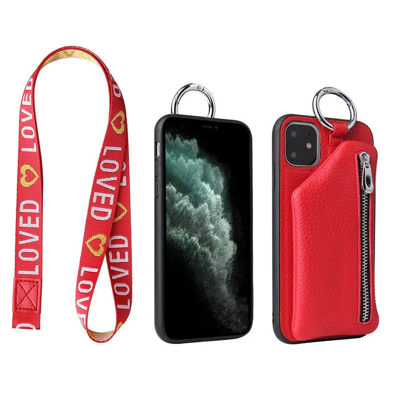 Pink imitation leather phone case with card slots and a detachable crossbody lanyard strap, shown on a mobile phone.
