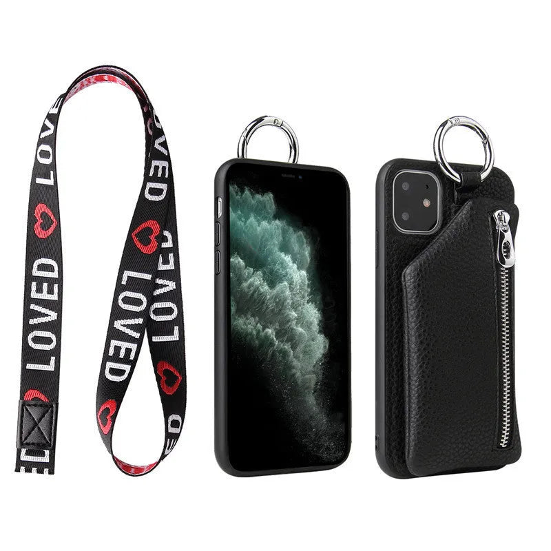 Pink imitation leather phone case with card slots and a detachable crossbody lanyard strap, shown on a mobile phone.