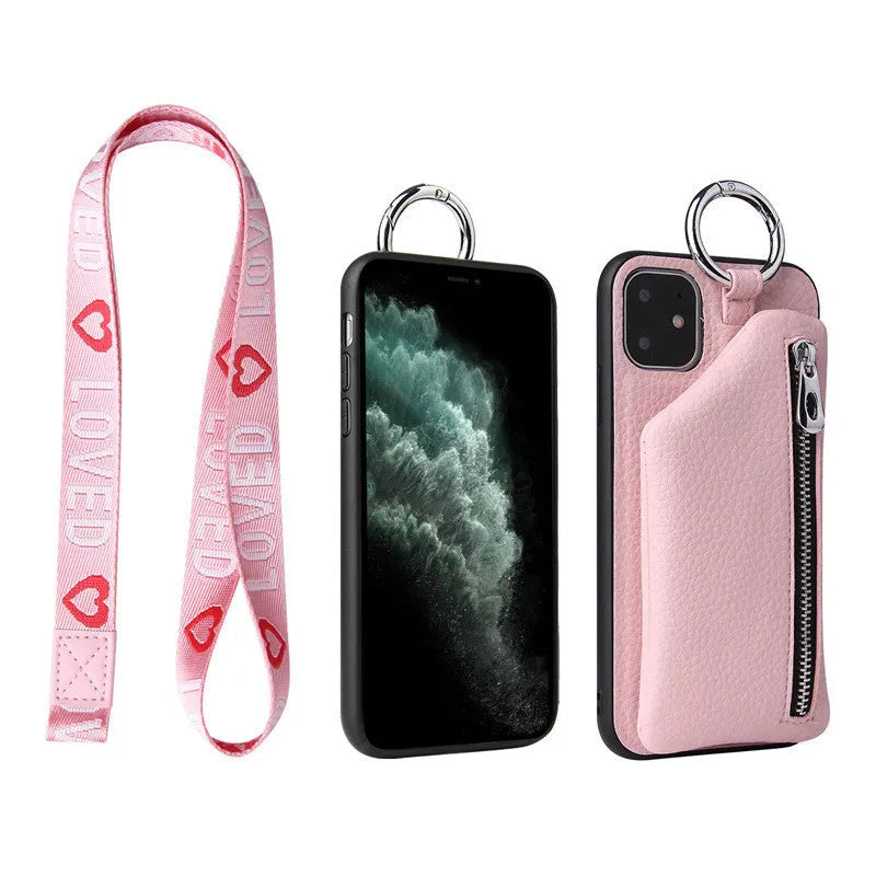 Pink imitation leather phone case with card slots and a detachable crossbody lanyard strap, shown on a mobile phone.