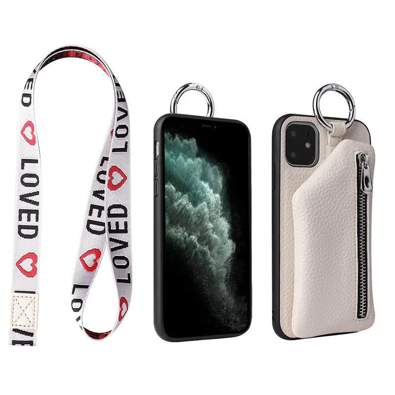 Pink imitation leather phone case with card slots and a detachable crossbody lanyard strap, shown on a mobile phone.