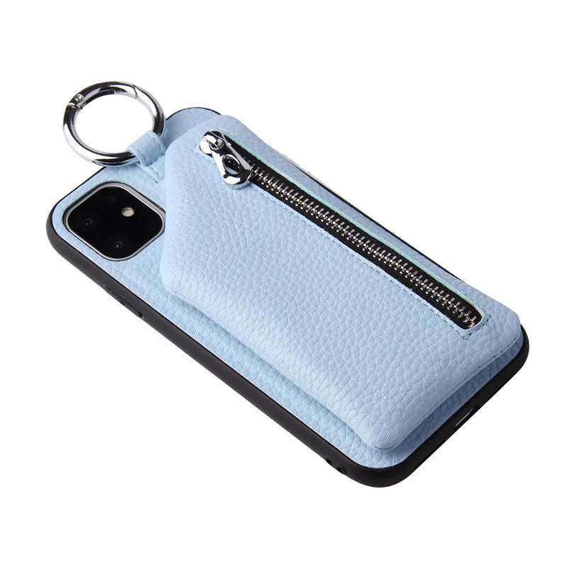Pink imitation leather phone case with card slots and a detachable crossbody lanyard strap, shown on a mobile phone.