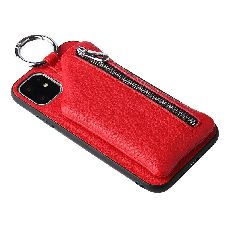 Pink imitation leather phone case with card slots and a detachable crossbody lanyard strap, shown on a mobile phone.