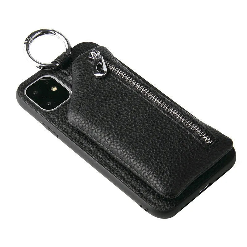 Pink imitation leather phone case with card slots and a detachable crossbody lanyard strap, shown on a mobile phone.