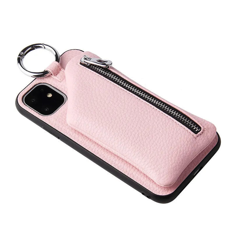 Pink imitation leather phone case with card slots and a detachable crossbody lanyard strap, shown on a mobile phone.
