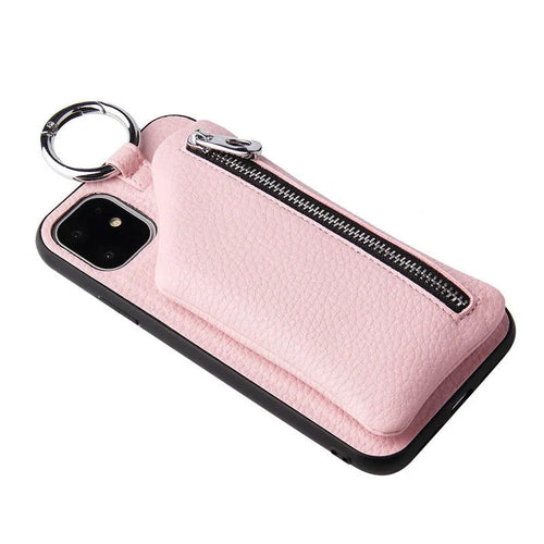 Pink imitation leather phone case with card slots and a detachable crossbody lanyard strap, shown on a mobile phone.