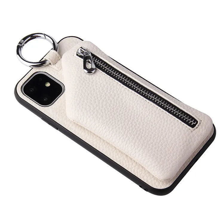 Pink imitation leather phone case with card slots and a detachable crossbody lanyard strap, shown on a mobile phone.