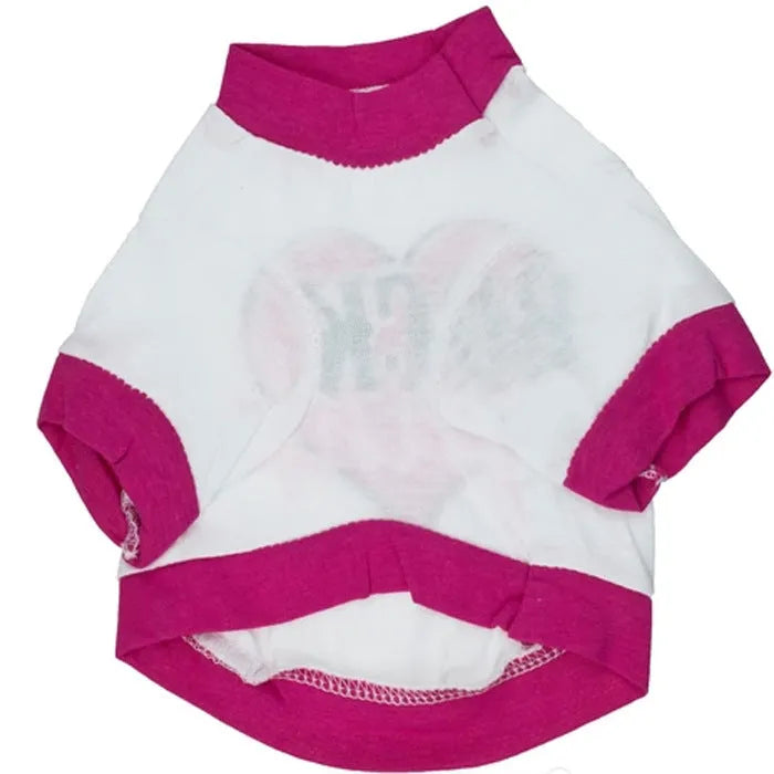 A simple cotton t-shirt for a small dog or cat, shown in a casual setting.
