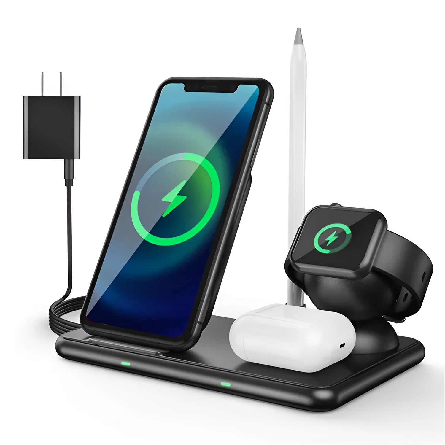 Black wireless charging station for Apple iPhone, Watch and AirPods with Type-C cable