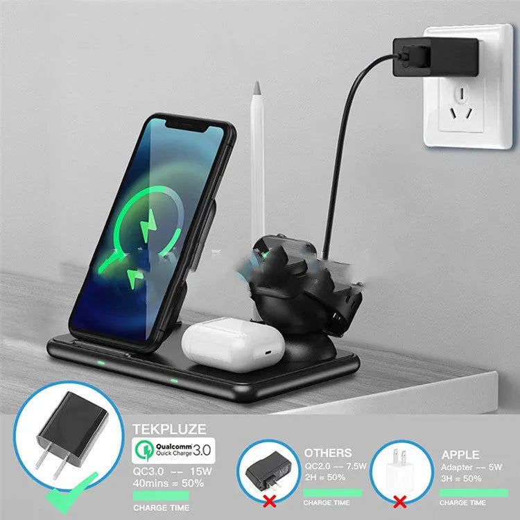 Black wireless charging station for Apple iPhone, Watch and AirPods with Type-C cable
