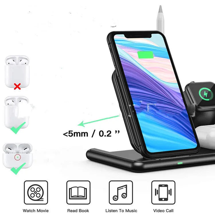 Black wireless charging station for Apple iPhone, Watch and AirPods with Type-C cable