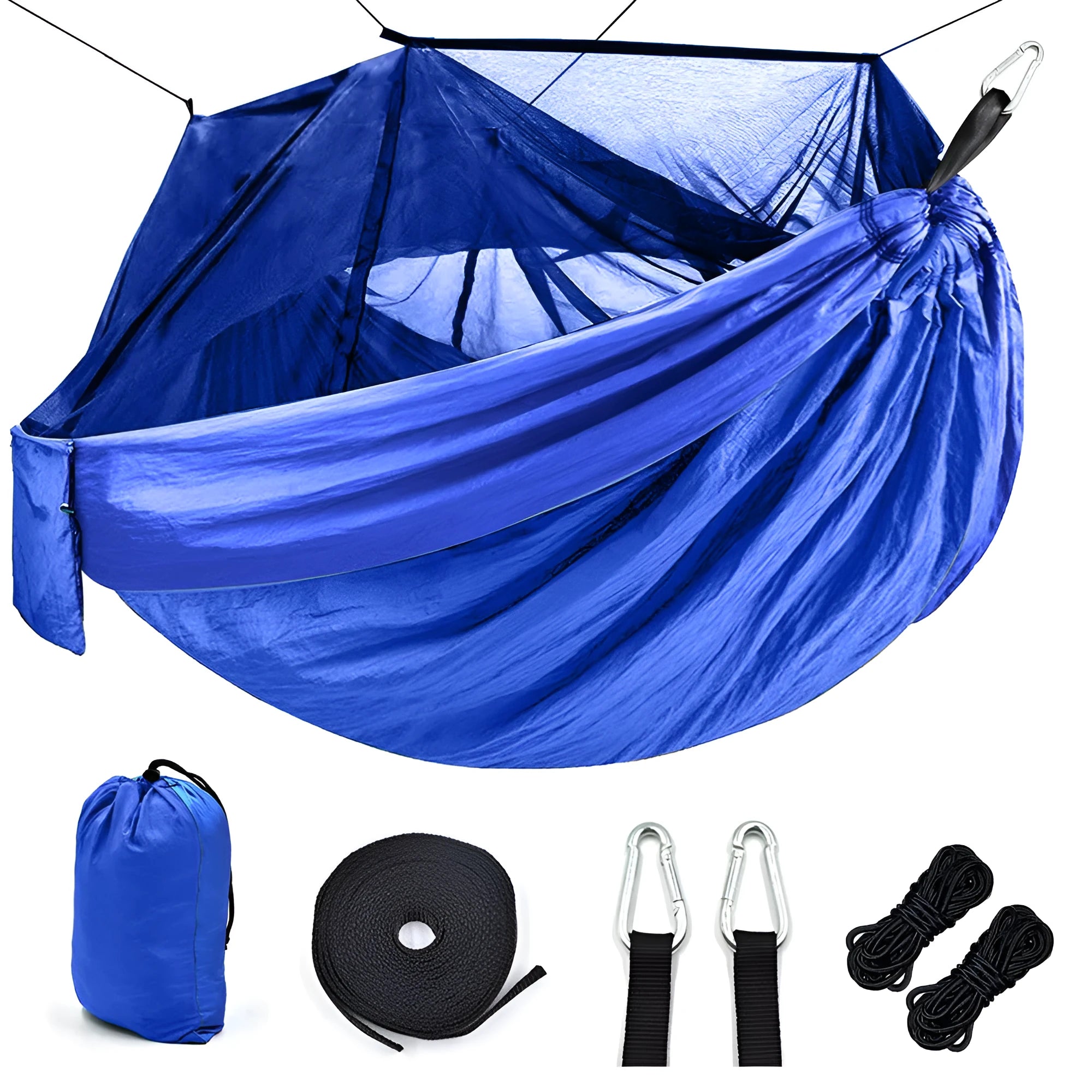 Blue camping hammock with mosquito net and sling ropes for outdoor use